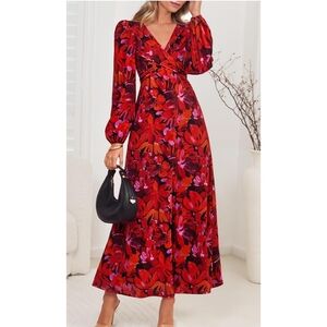 Zesica Floral Lantern Sleeve Midi Dress Red Size L